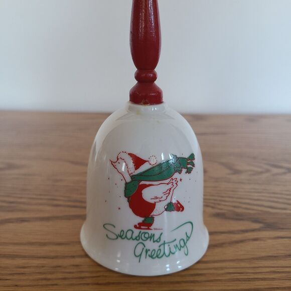 Vintage Giftco Christmas Porcelain "Seasons Greetings" Dinner Bell Skating Goose - Picture 3 of 10
